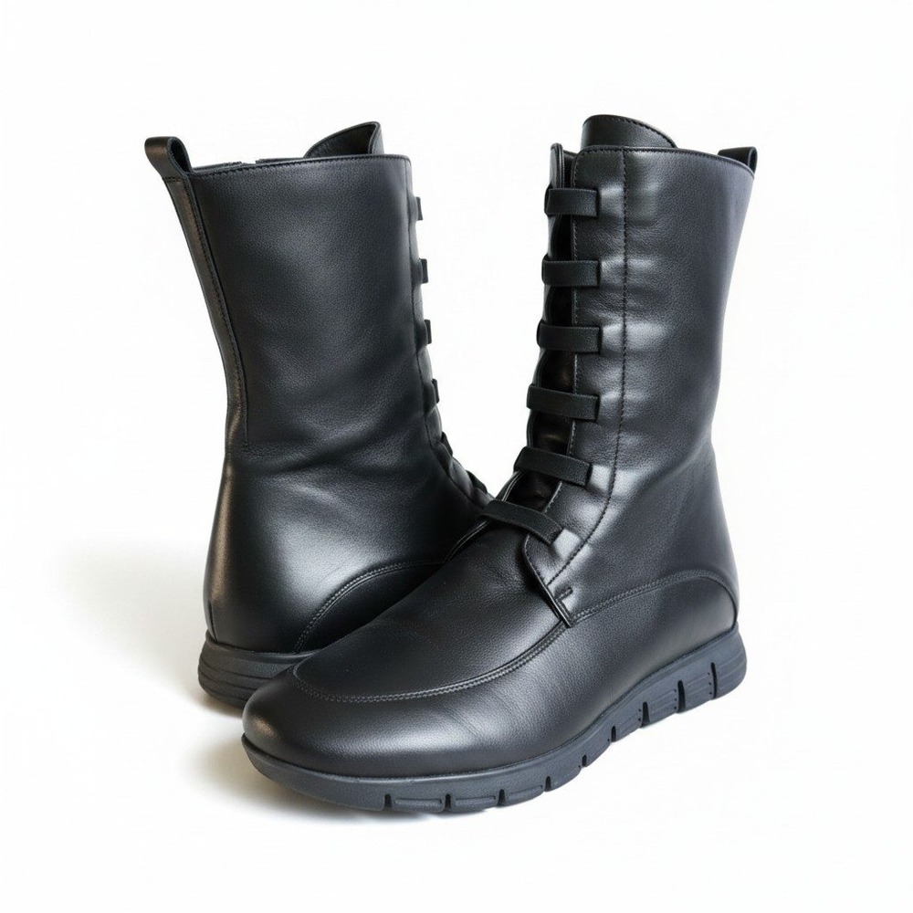 Leather Mid Calf Boots 8.5 Black Elastic Strap Zip‎ Gorpcore Modern Indie Sleeze